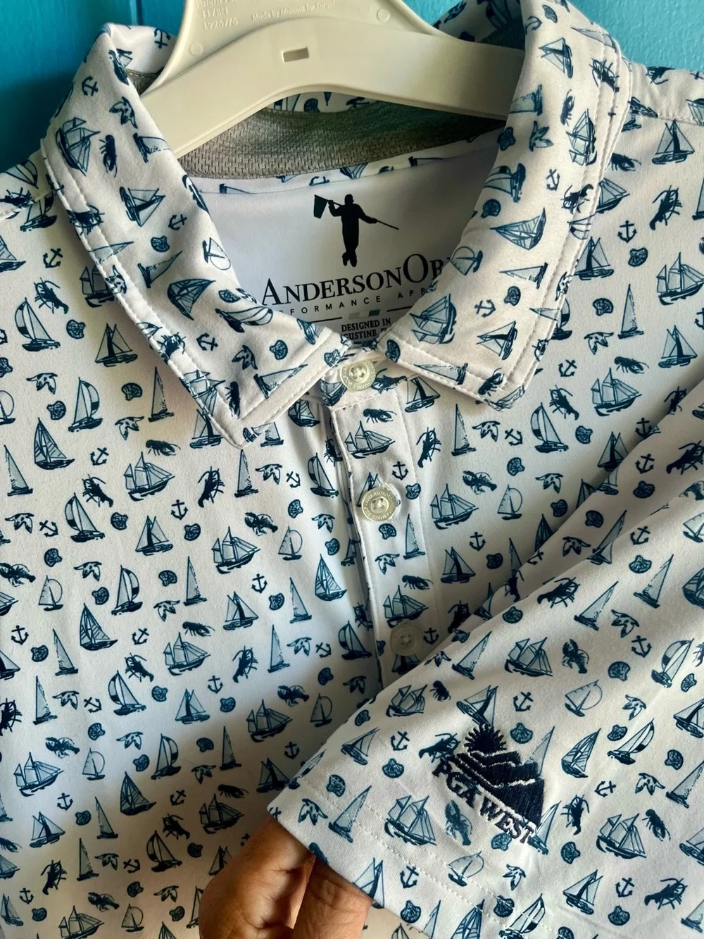 Anderson Ord White Polo with Navy Nautical Print PGA WEST logo
